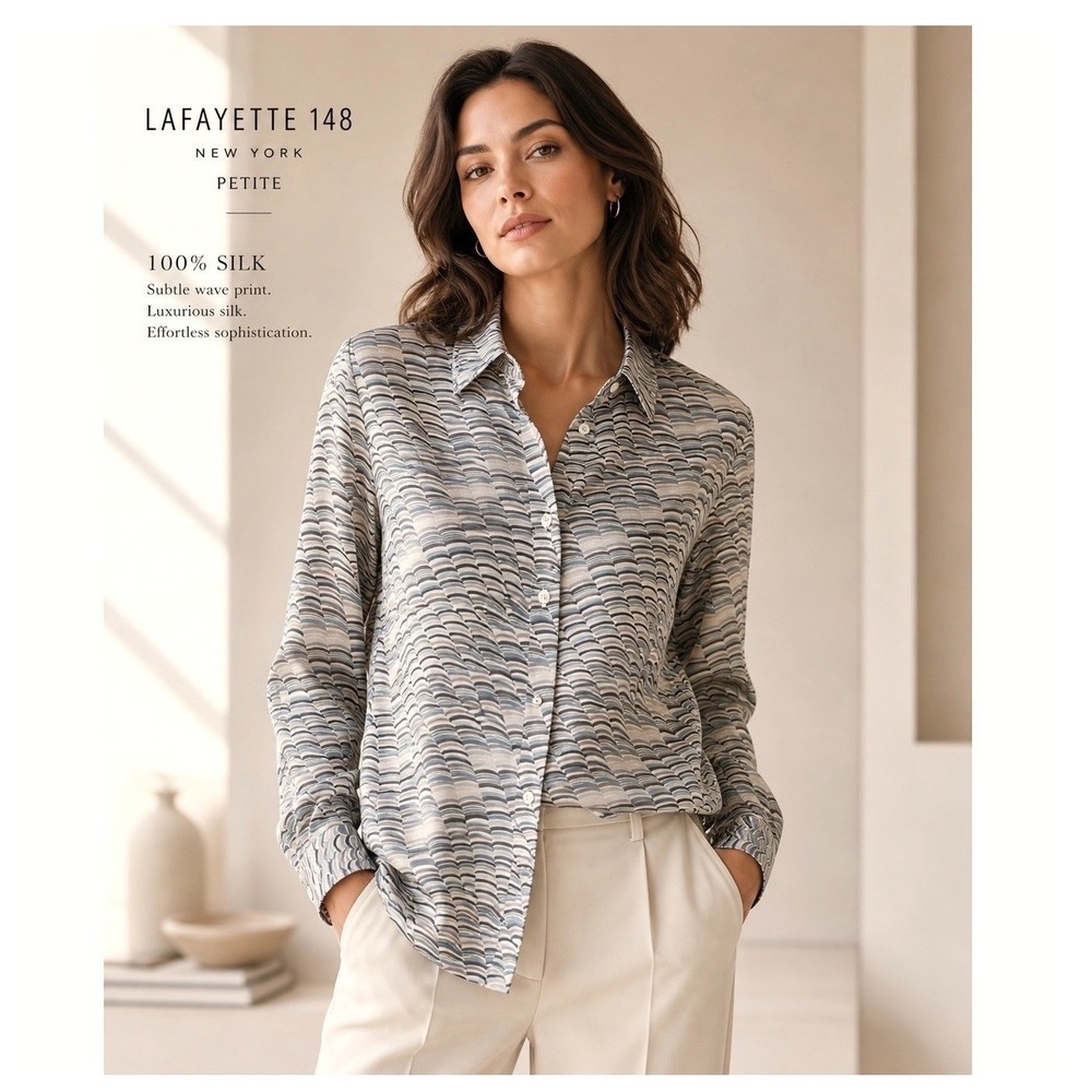 Lafayette 148 NY 100% Silk Petite Wave Print Button Up Blouse Women's 10